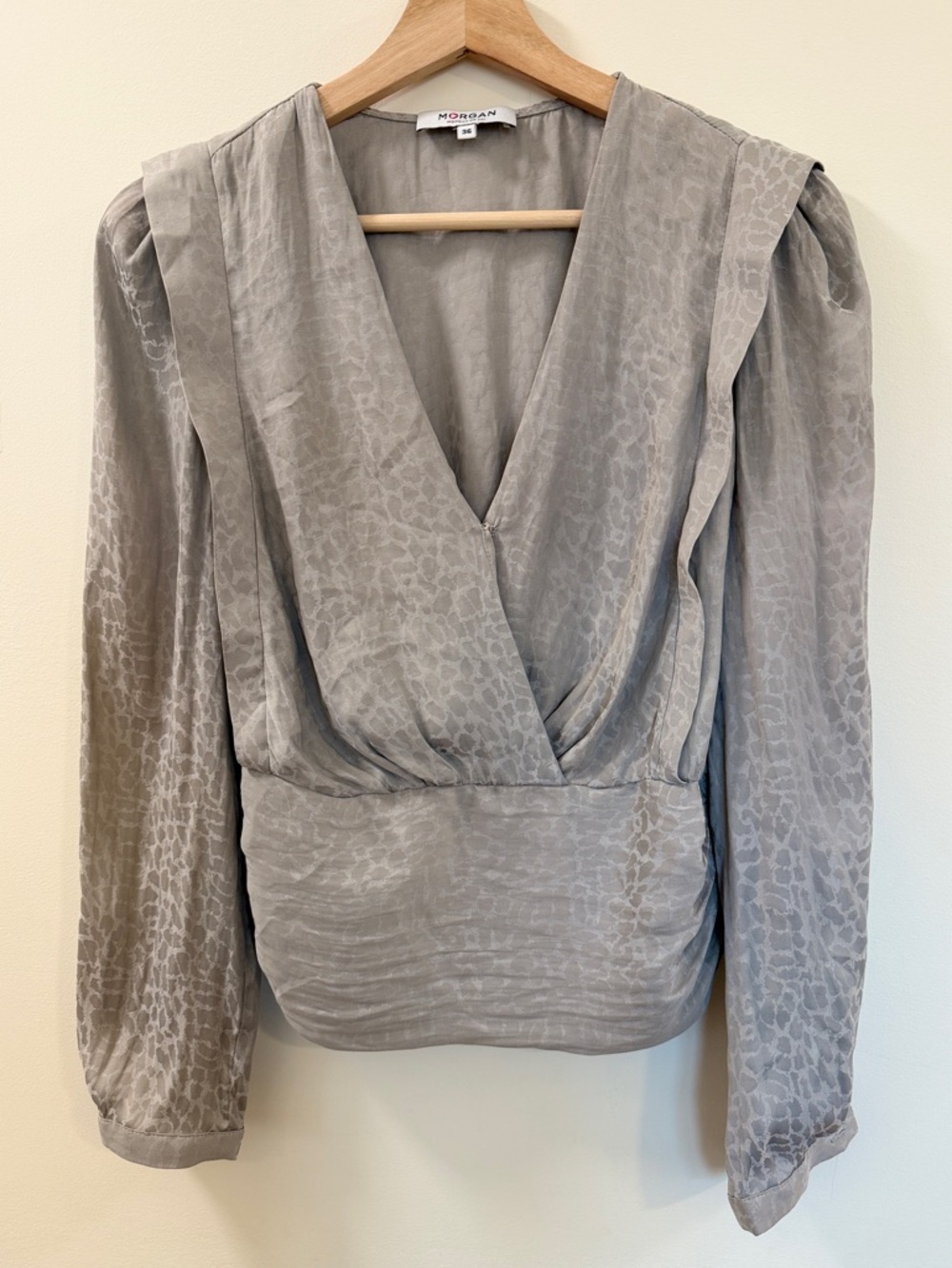 Morgan de Toi Gray Leopard Wrap Blouse Ruched Top - Size Small
